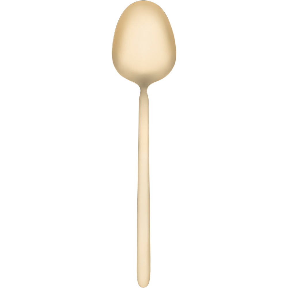 Eine einzelne, goldfarbene Löffel auf schwarzem Hintergrund.