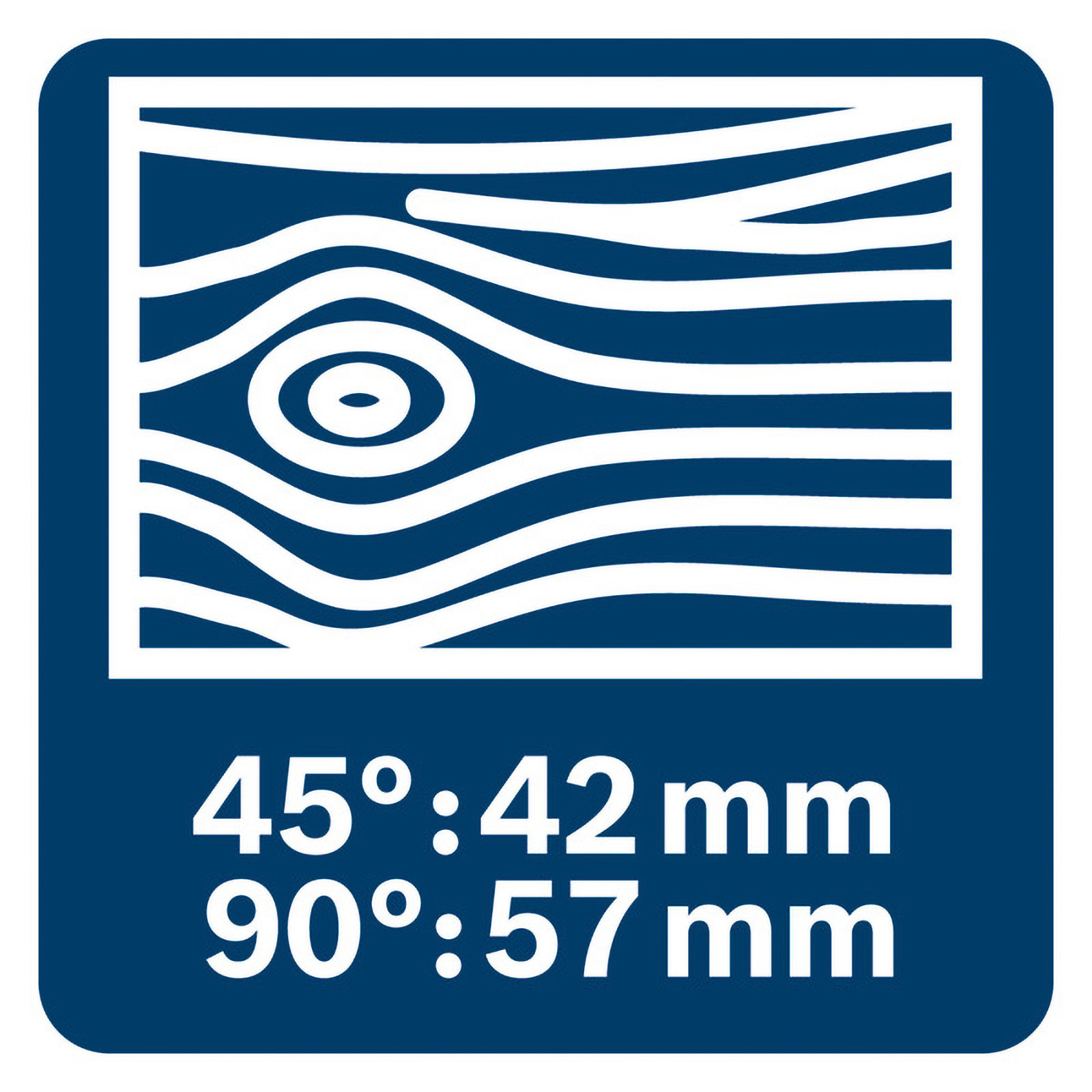 Holzmaserungssymbol mit Maßen 45°:42mm, 90°:57mm.