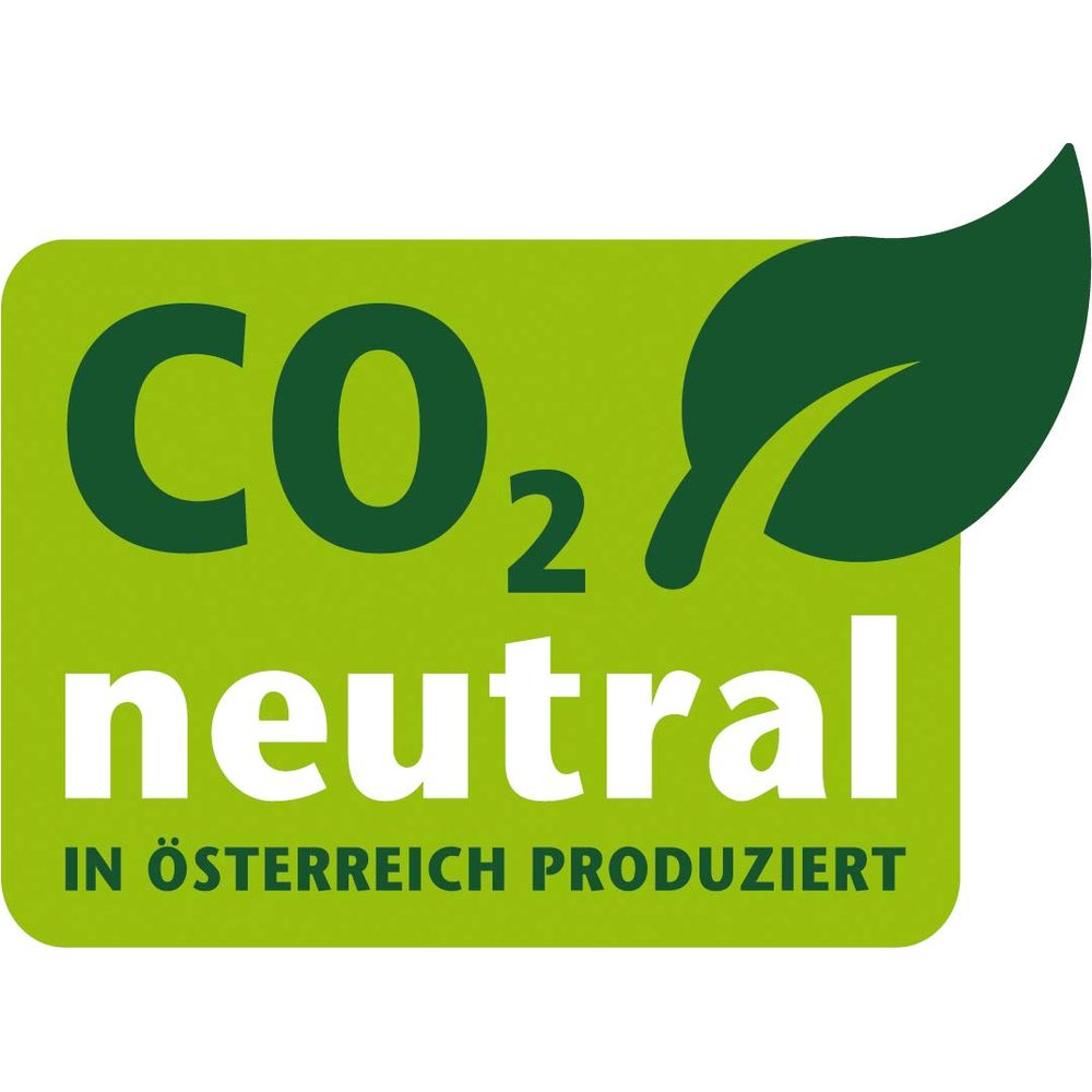 CO2-neutral, in Österreich produziert-Logo mit einem grünen Blatt.