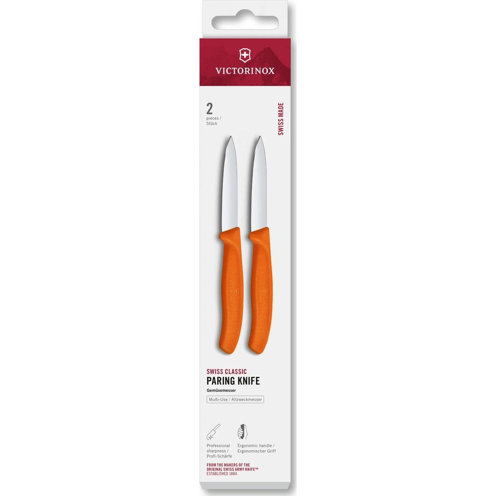 Victorinox Paringsmesser Set mit zwei Messern, orangefarbene Griffe, auf Verpackung.