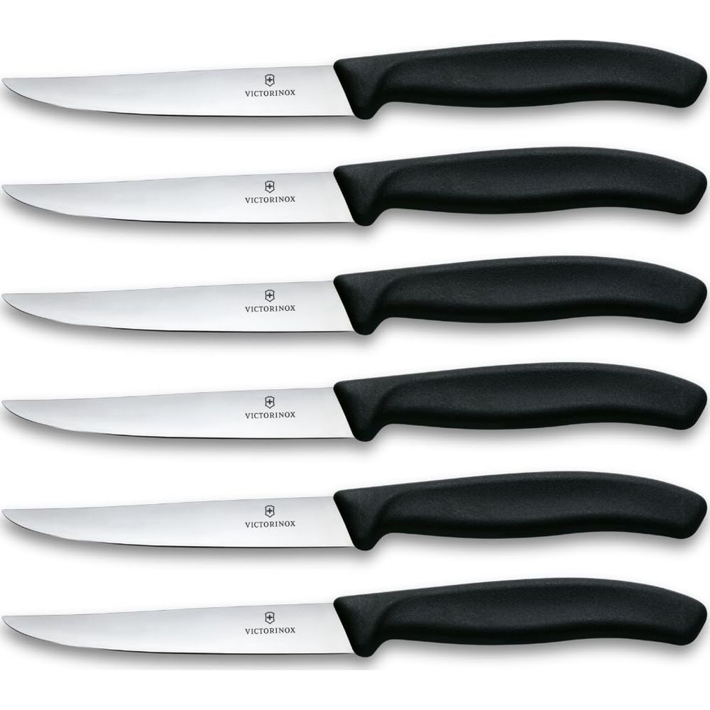 Sechs Victorinox-Messer mit schwarzen Griffen und polierten Klingen.
