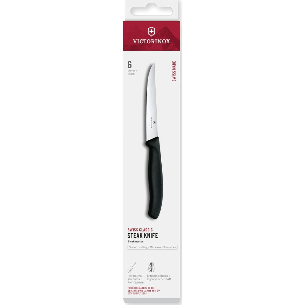 Verpackung eines Victorinox Steakmessers mit schwarzem Griff und silberner Klinge.