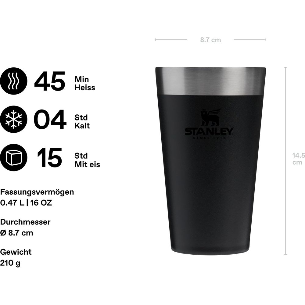 Vaso Stanley negro con especificaciones: 45 h caliente, 4 h frío, 15 h helado.