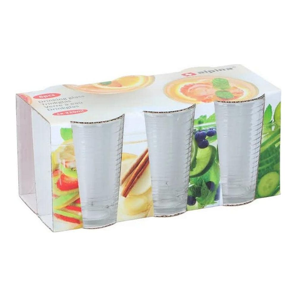 Verpackung mit sechs Trinkgläsern, Dekoration mit Früchten und Kräutern.