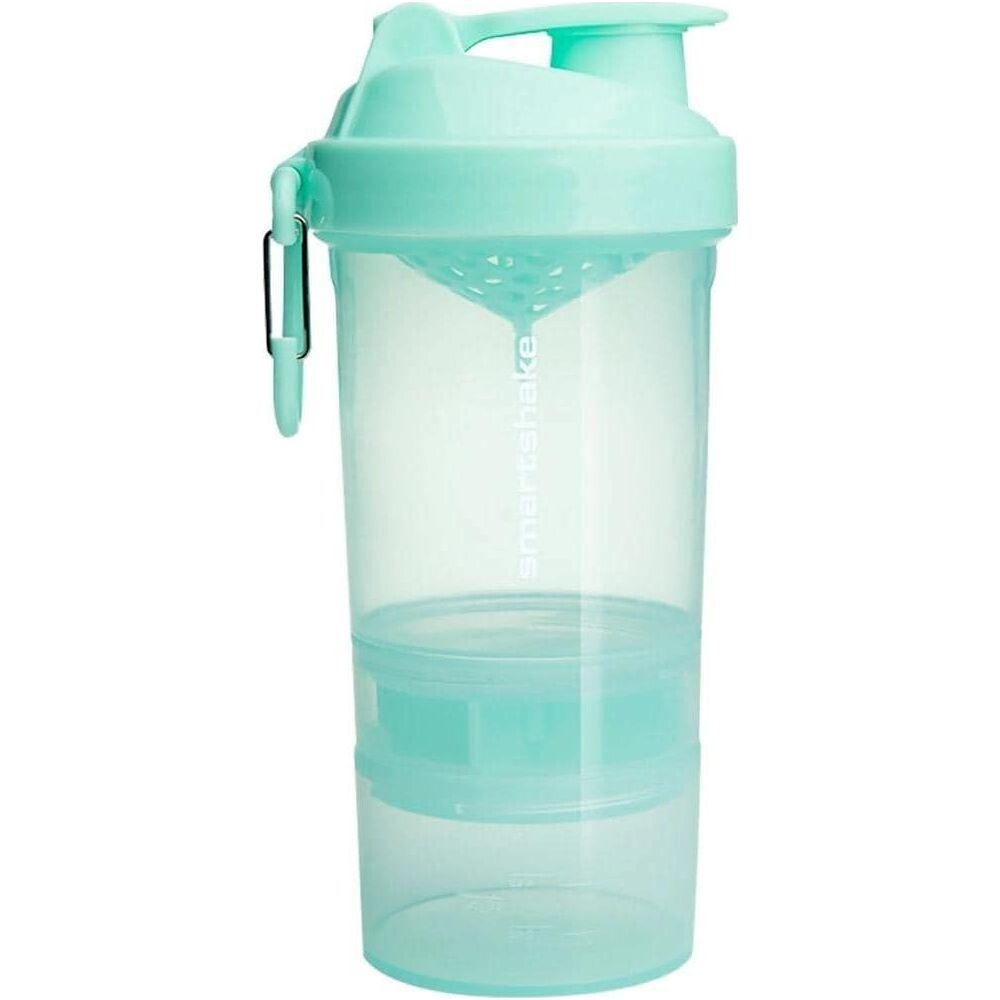 Borraccia shaker color turchese con coperchio e due scomparti.