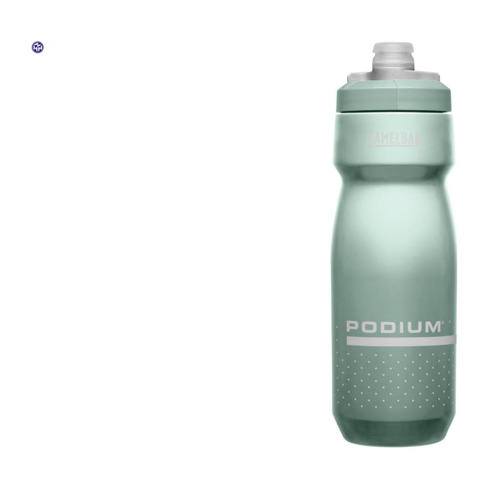 Eine hellgrüne Trinkflasche mit weißem Deckel und dem Aufdruck PODIUM.