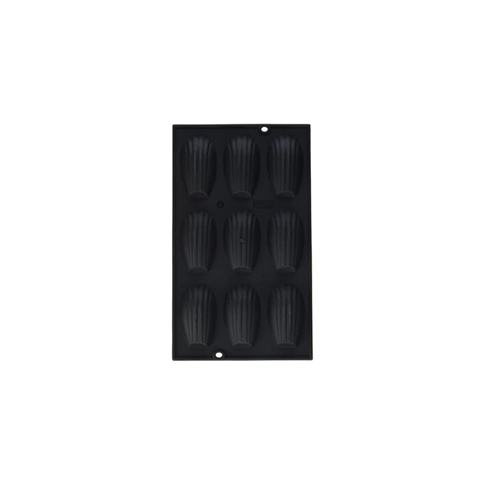 Eine schwarze Madeleine-Backform mit 9 Vertiefungen in 3 Reihen.