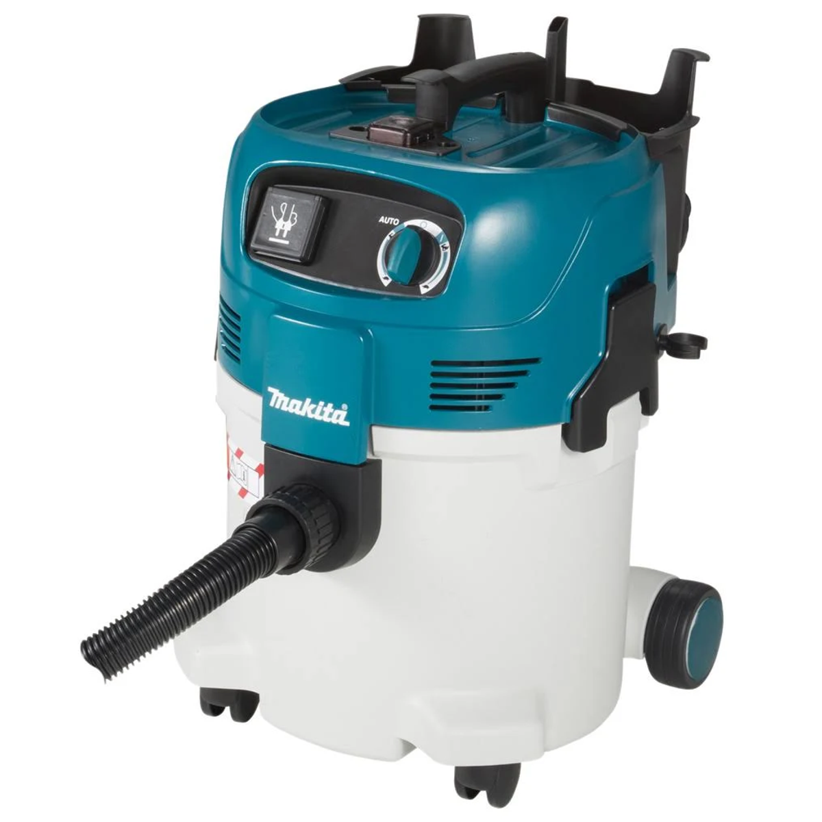 Un aspirapolvere Makita per liquidi e solidi con serbatoio bianco, parte superiore blu e tubo.
