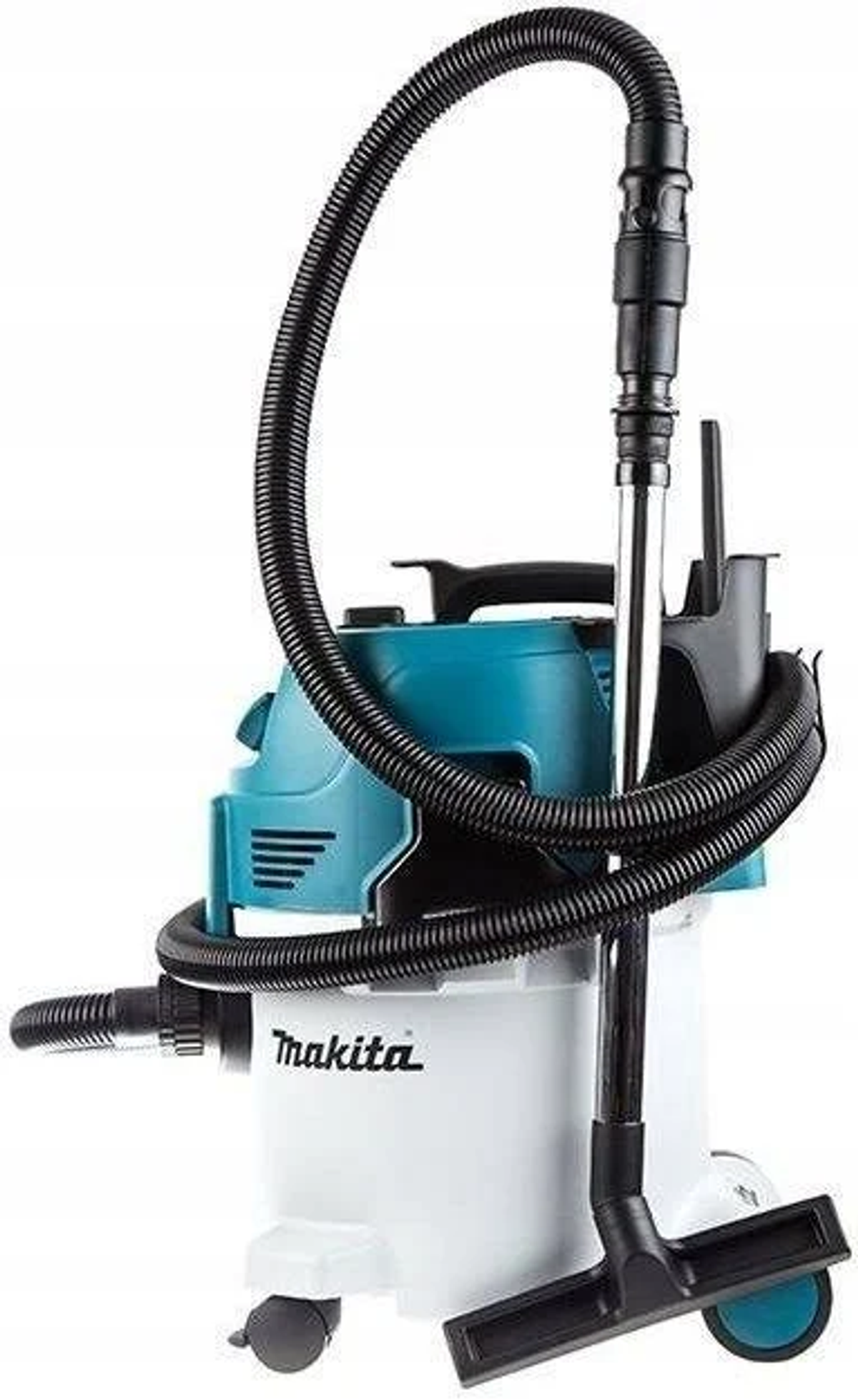 Un aspirapolvere Makita bagnato/asciutto blu e bianco con tubo e spazzola.