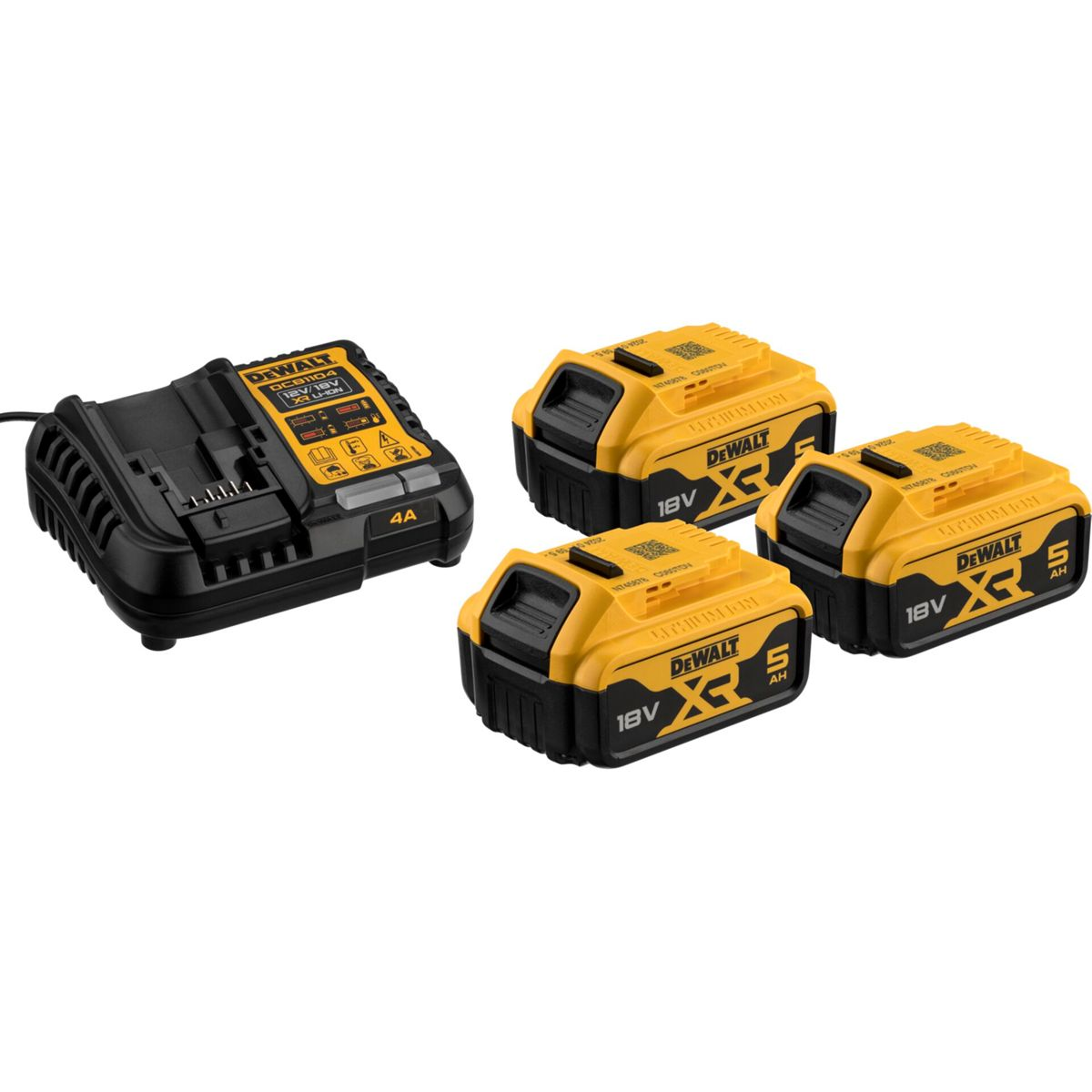 Ein schwarzes DEWALT-Ladegerät und drei gelbe 18-V-XR-Akkus auf weißem Hintergrund.