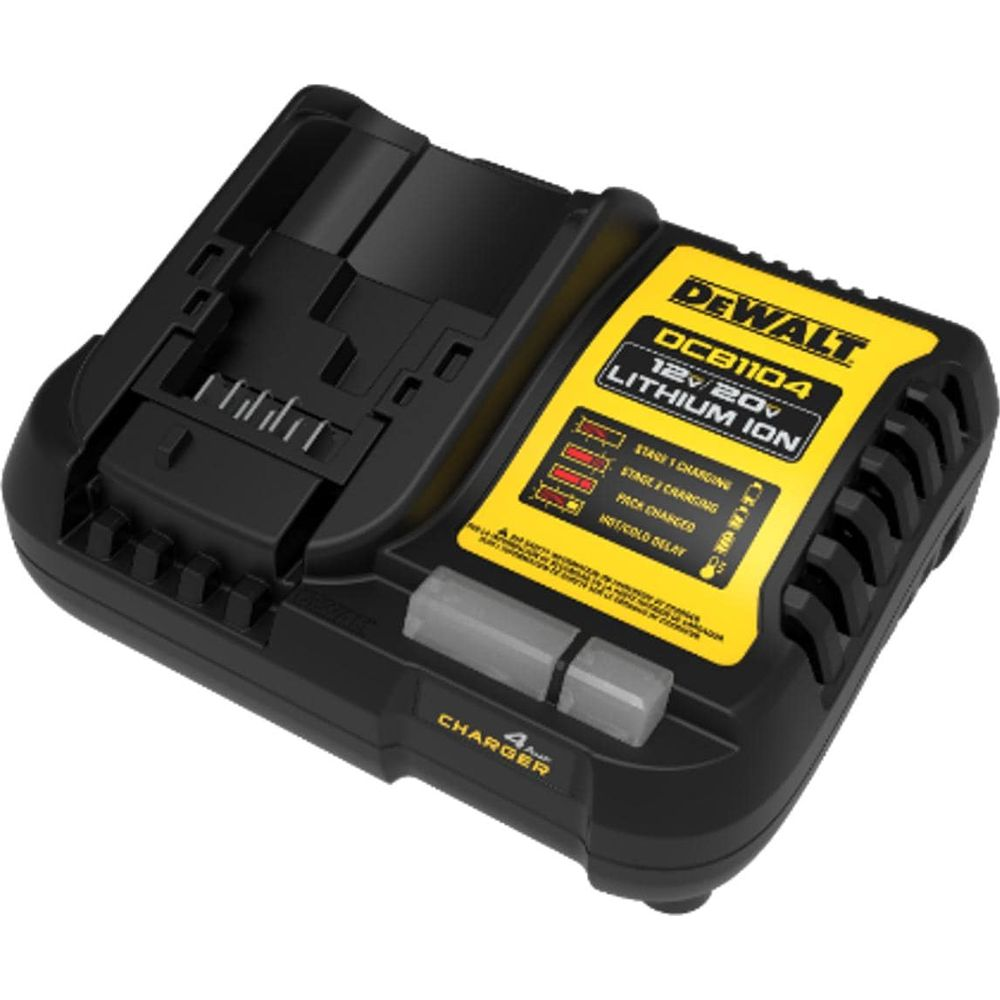 Ein schwarzes und gelbes DeWalt Ladegerät mit Ladeanzeigen und Lüftungsschlitzen.