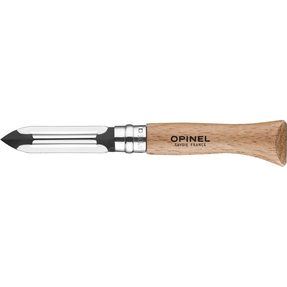 Ein Opinel Gemüseschäler mit Holzgriff und polierter Klinge.