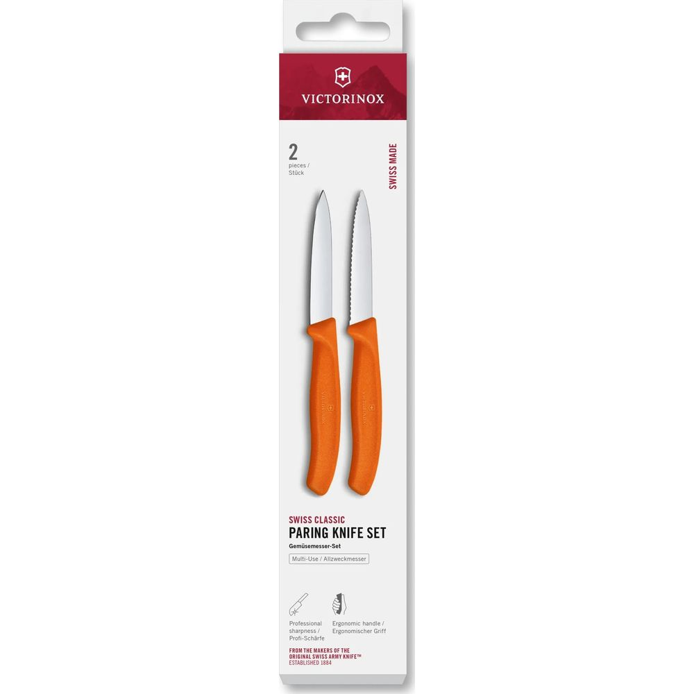 Verpackung für ein Set mit zwei Victorinox Schälmessern mit orangen Griffen.