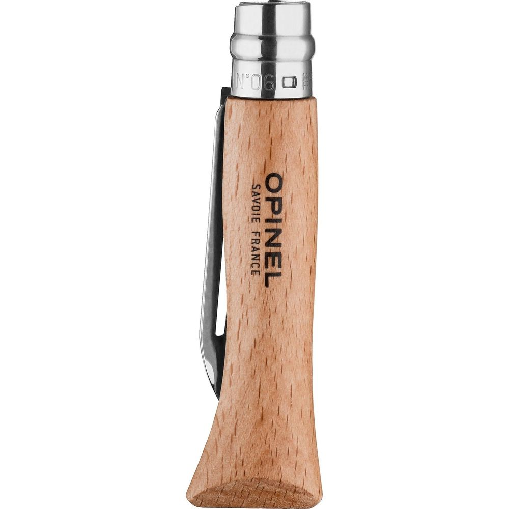 Ein Opinel Klappmesser aus hellem Holz mit silbernem Clip und Metallring.