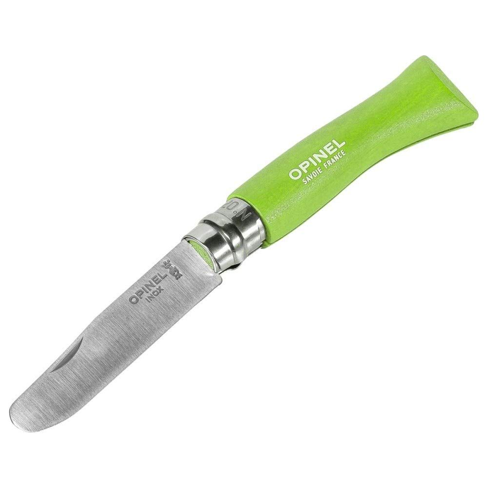 Ein Opinel Klappmesser mit einer Klinge aus Edelstahl und einem hellgrünen Holzgriff.