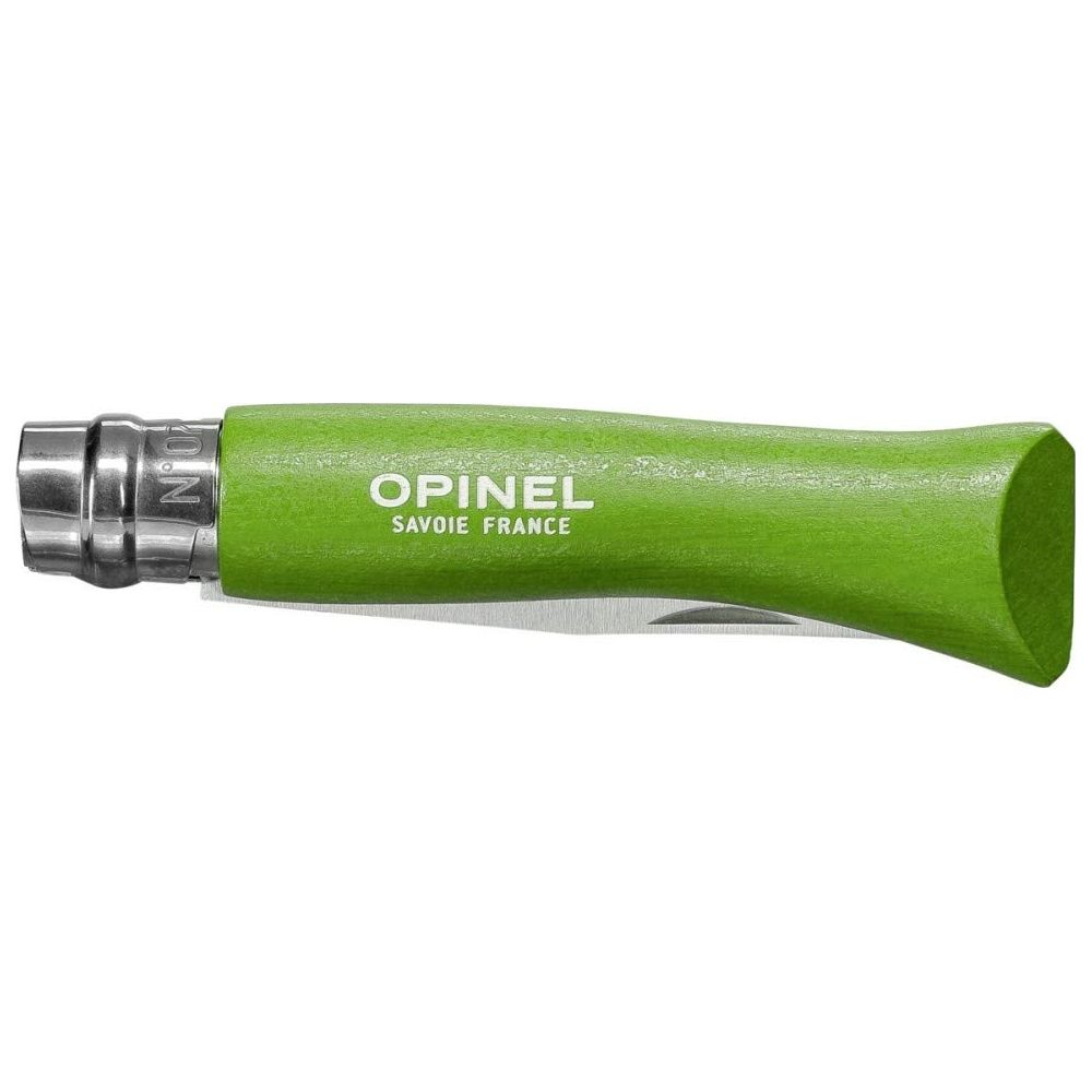 Ein grünes Opinel-Messer mit silbernem Ring und Logo.