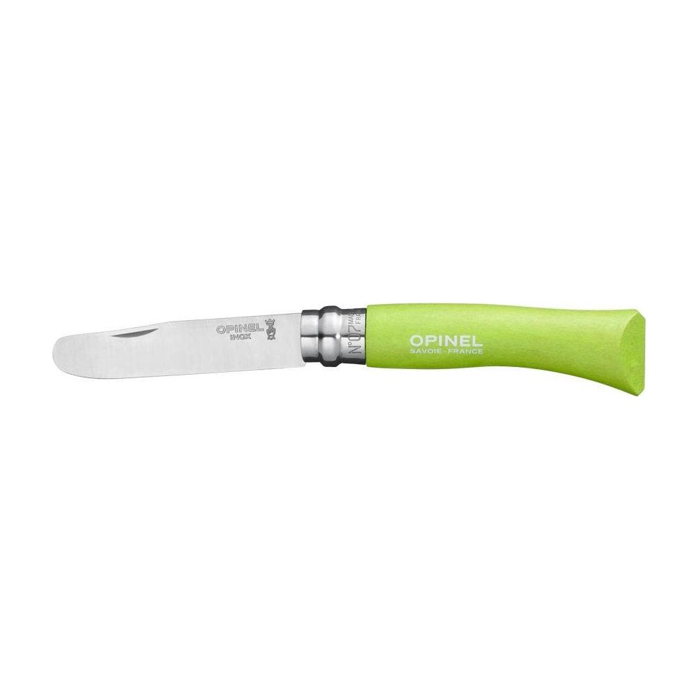Ein hellgrünes Opinel-Messer mit silberner Klinge und schwarzem Griff.