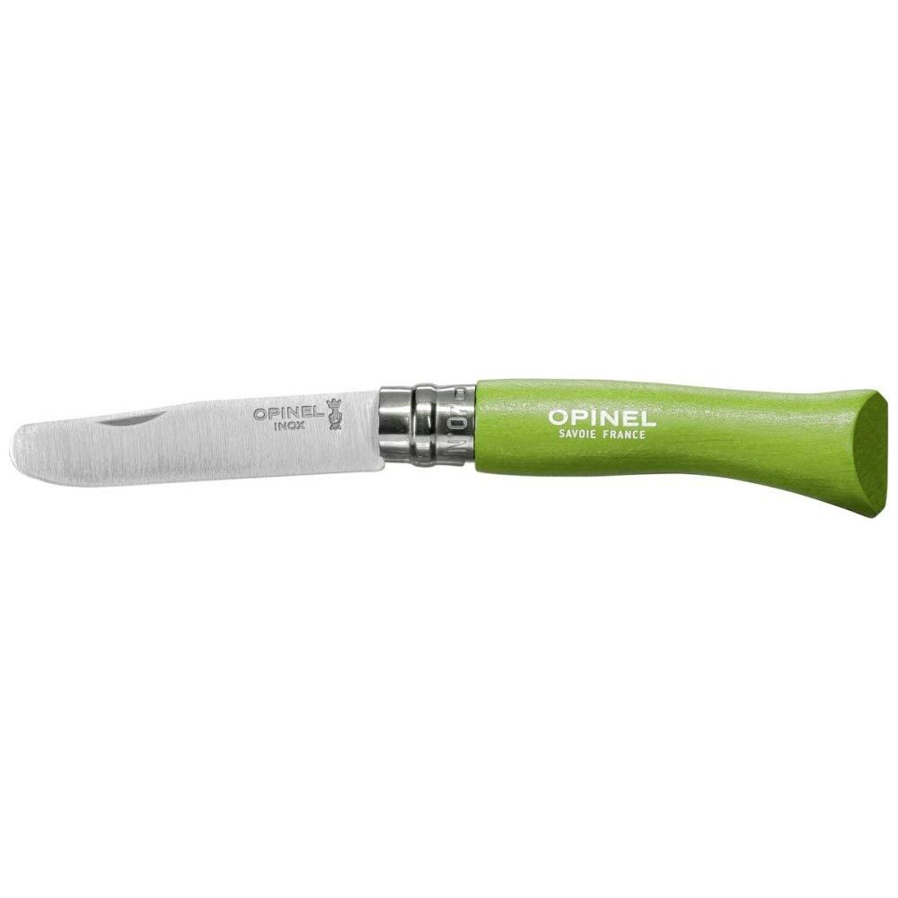 Ein Opinel-Messer mit einer Klinge aus Edelstahl und einem hellgrünen Holzgriff.