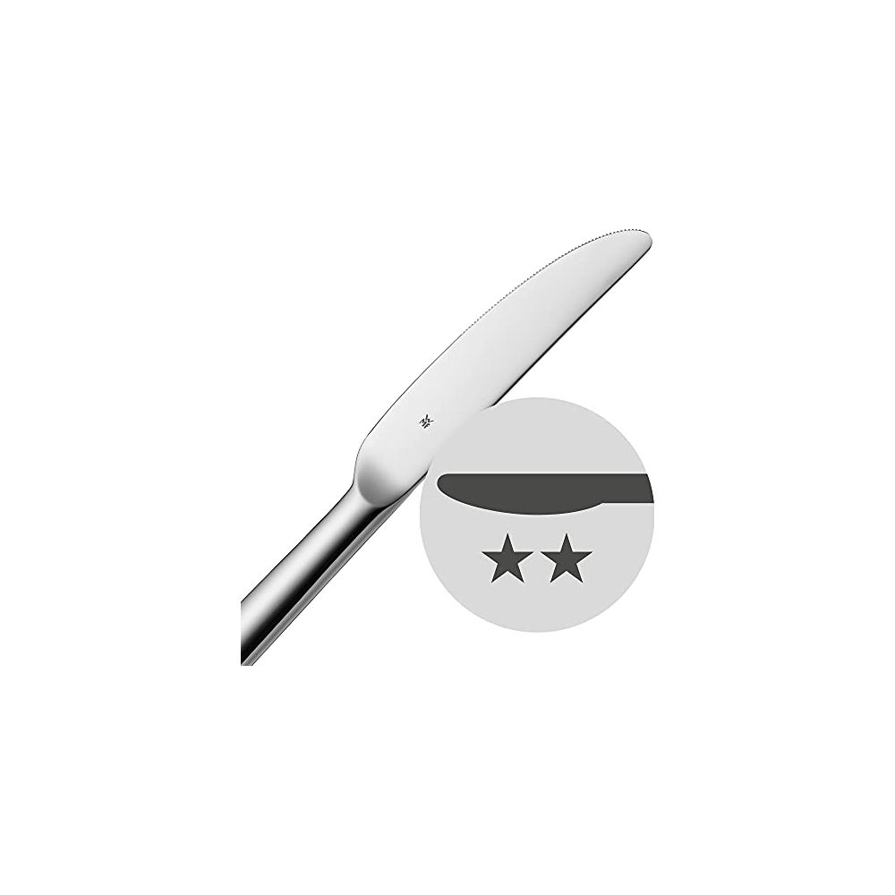 Ein silbernes Messer mit gezackter Klinge und zwei Sternen im Kreis.