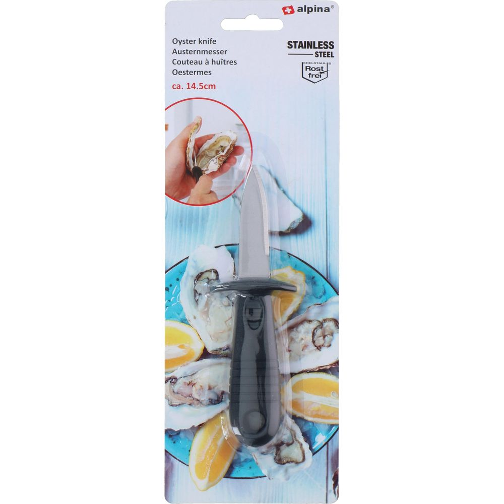 Edelstahl-Austernmesser mit schwarzem Griff, umgeben von Austern und Zitronen.