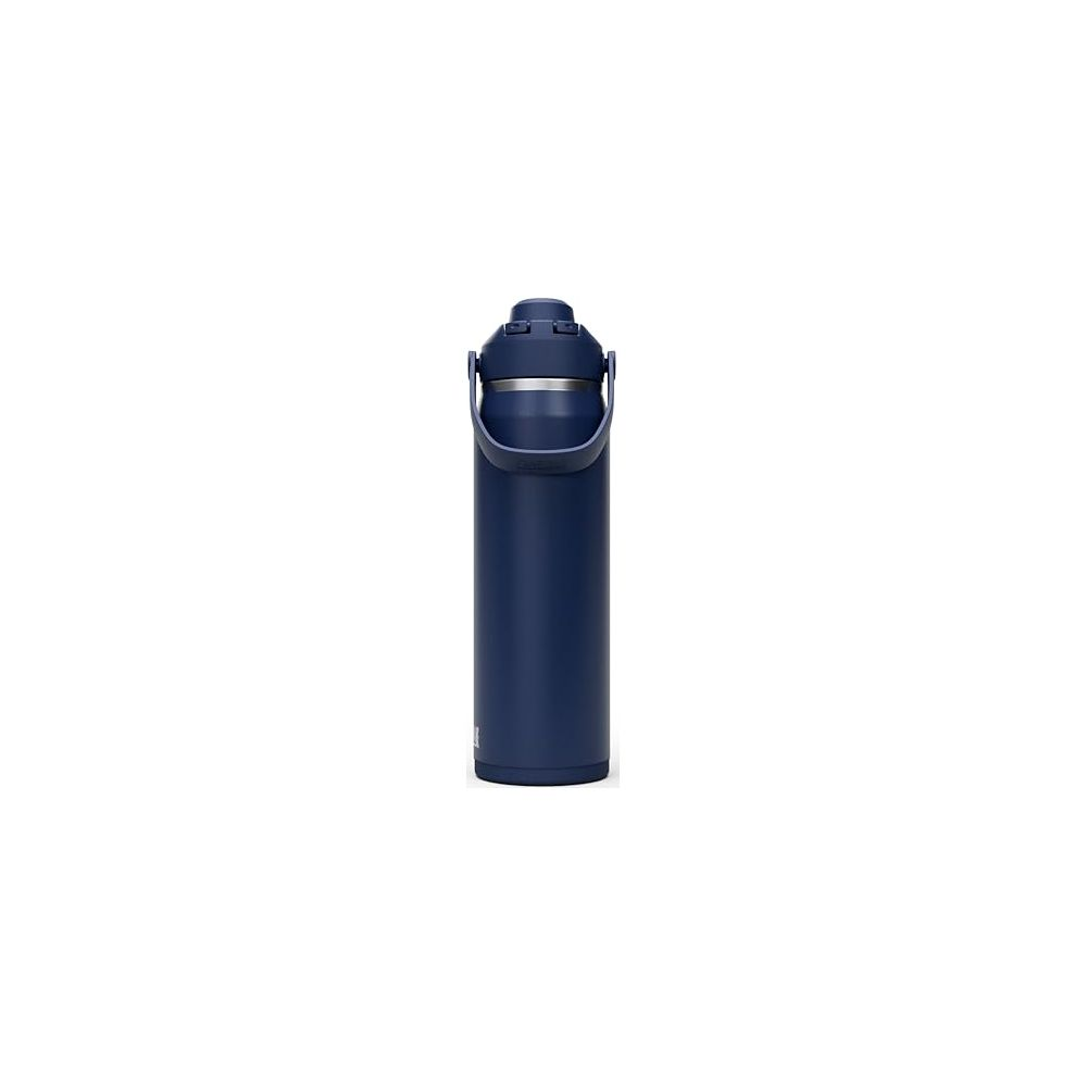 Dunkelblaue Trinkflasche mit Henkel und silbernen Akzenten.