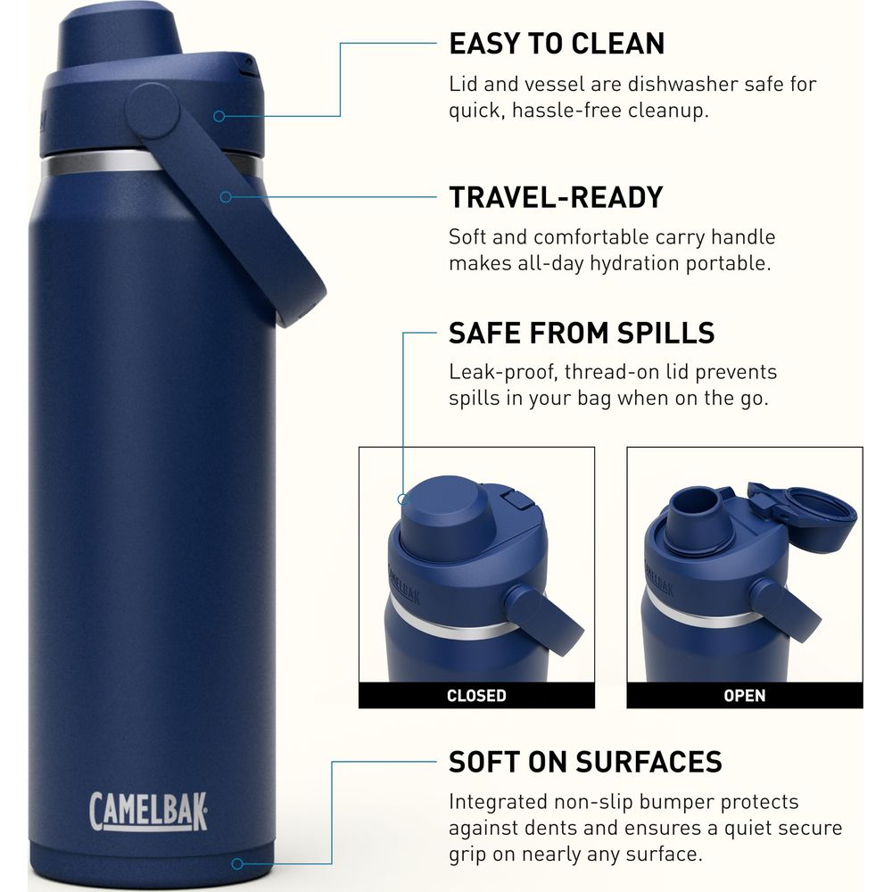 Marineblaue Camelbak-Wasserflasche mit Tragegriff und detaillierten Merkmalen.
