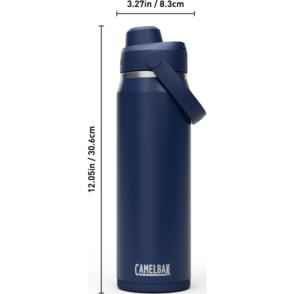 Dunkelblaue Camelbak-Flasche mit Griff und Messungen.