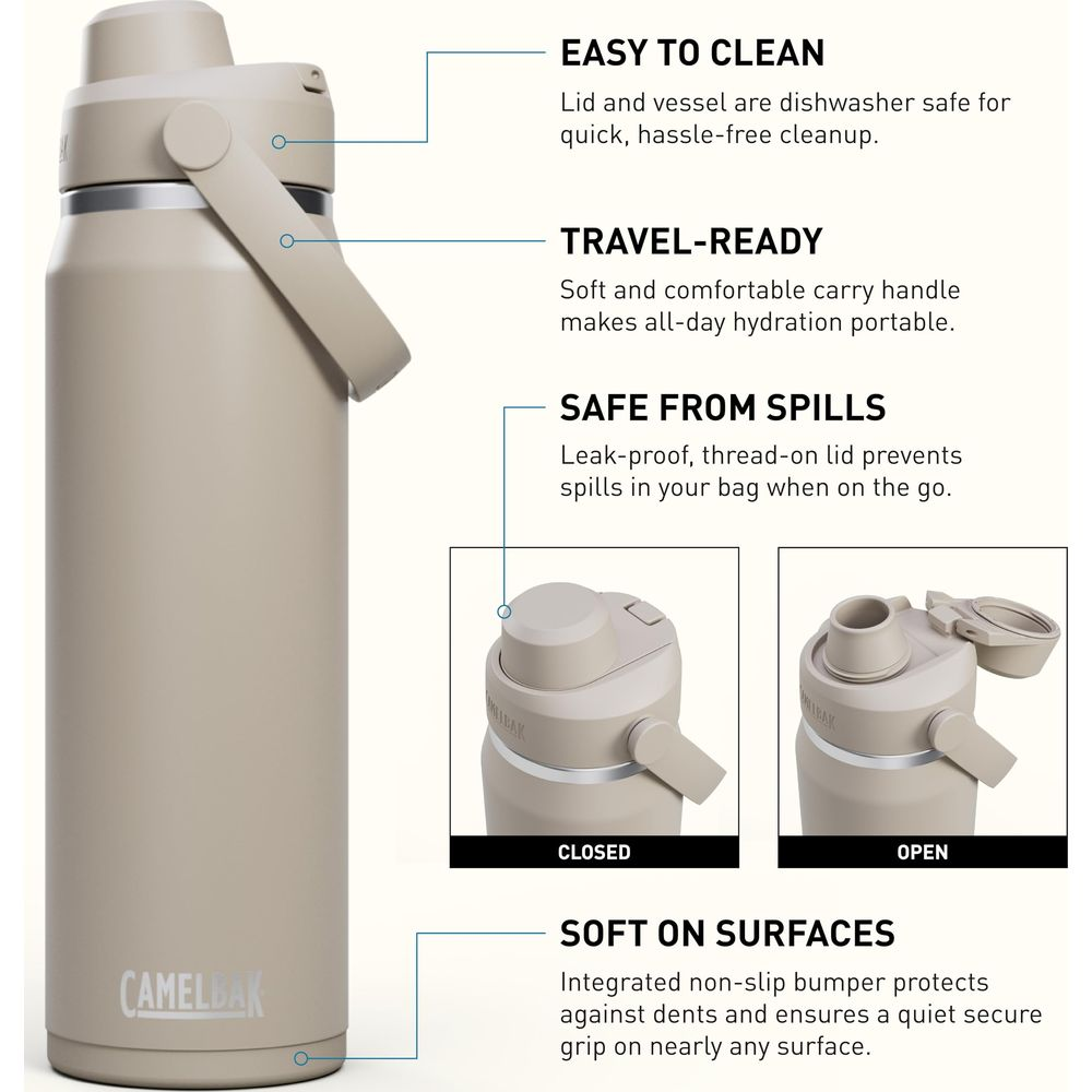 Eine beige CamelBak-Flasche mit Griff und separaten Nahaufnahmen des geschlossenen und offenen Deckels.