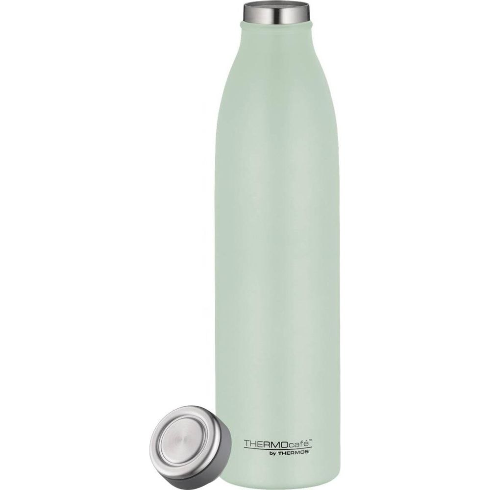 Eine hellgrüne Thermosflasche mit silbernem Deckel steht neben ihrem abgenommenen Deckel.