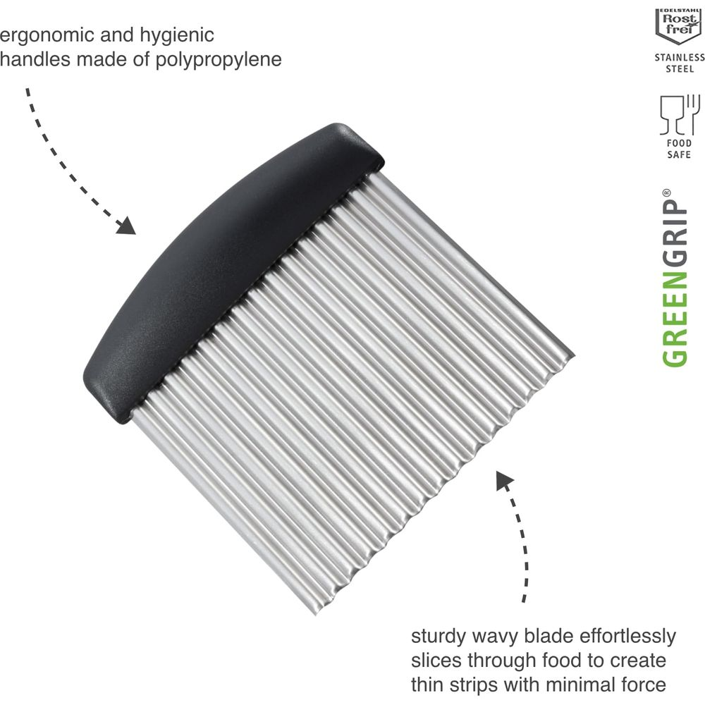Wellenförmiger Crinkle-Schneider mit schwarzem Griff aus Polypropylen.