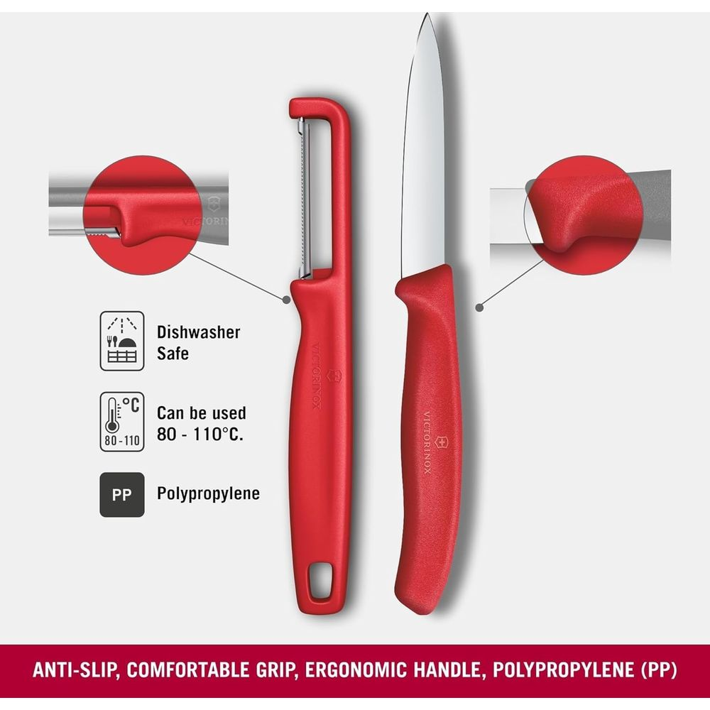 Roter Sparschäler und Messer mit ergonomischen Griffen, spülmaschinenfest.