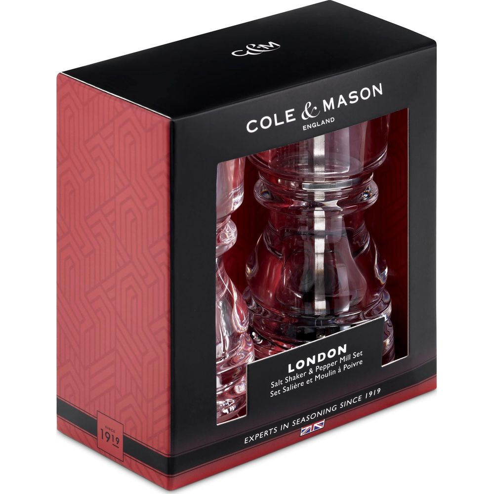 Cole & Mason London Salzstreuer und Pfeffermühlen-Set in schwarzer und roter Box.