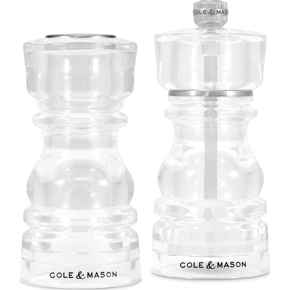 Zwei durchsichtige Gewürzmühlen von Cole & Mason nebeneinander.