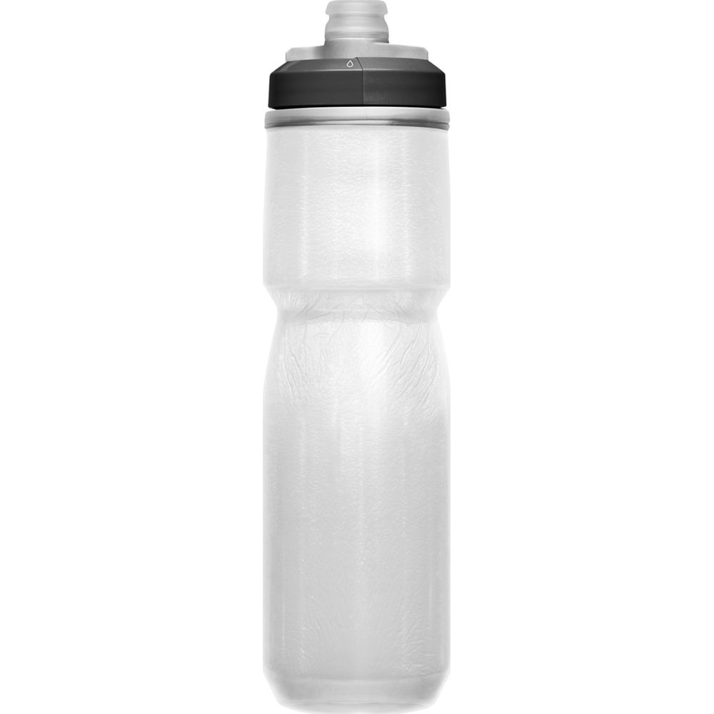 Eine transparente Wasserflasche mit schwarzem Deckel und grauem Mundstück.