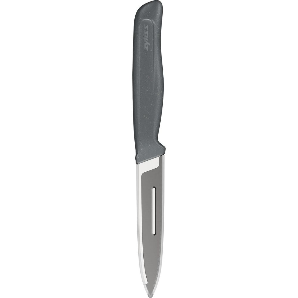 Un manche de couteau gris avec une lame argentée et une fente.