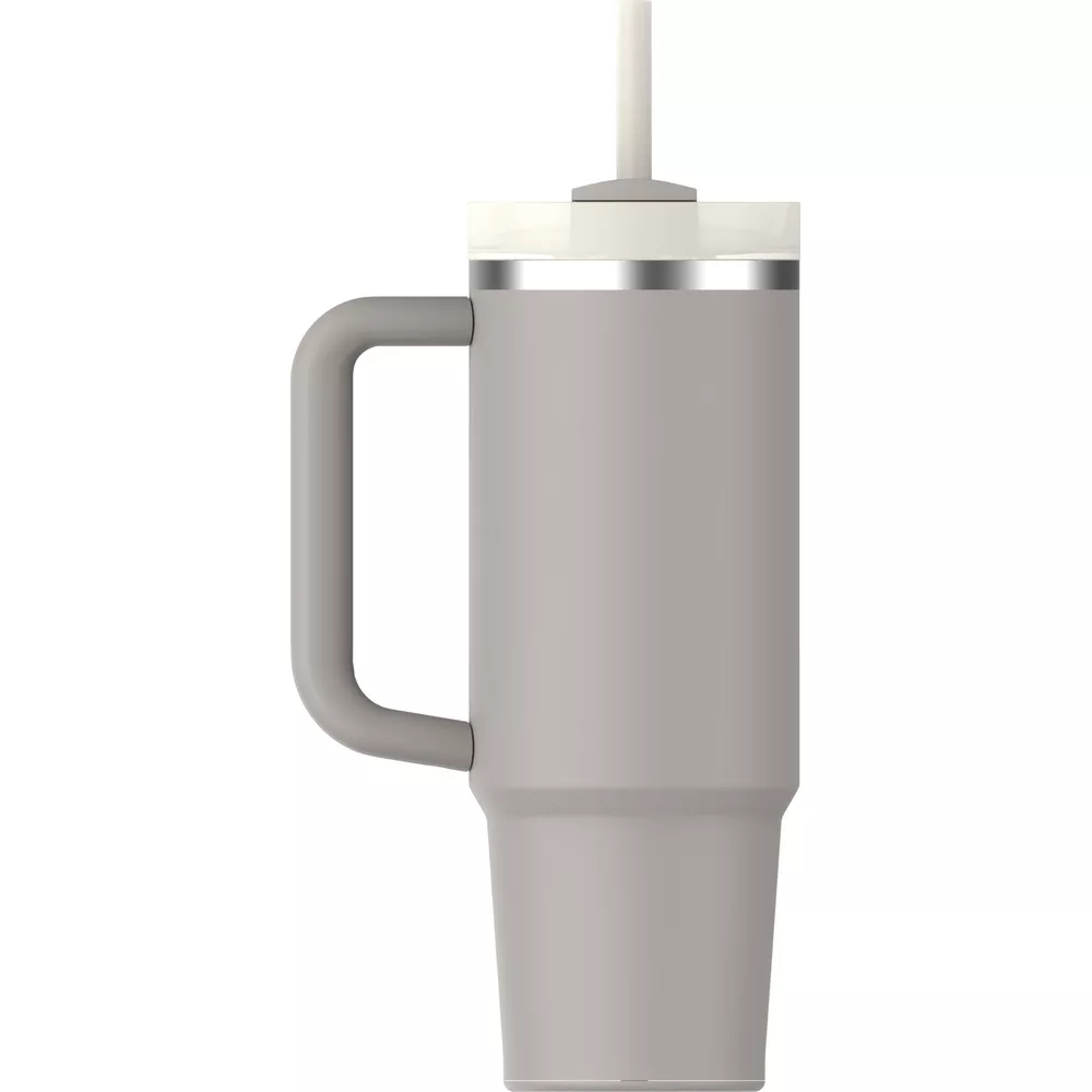 Grauer Becher mit Griff und Strohhalm, auf weißem Hintergrund.