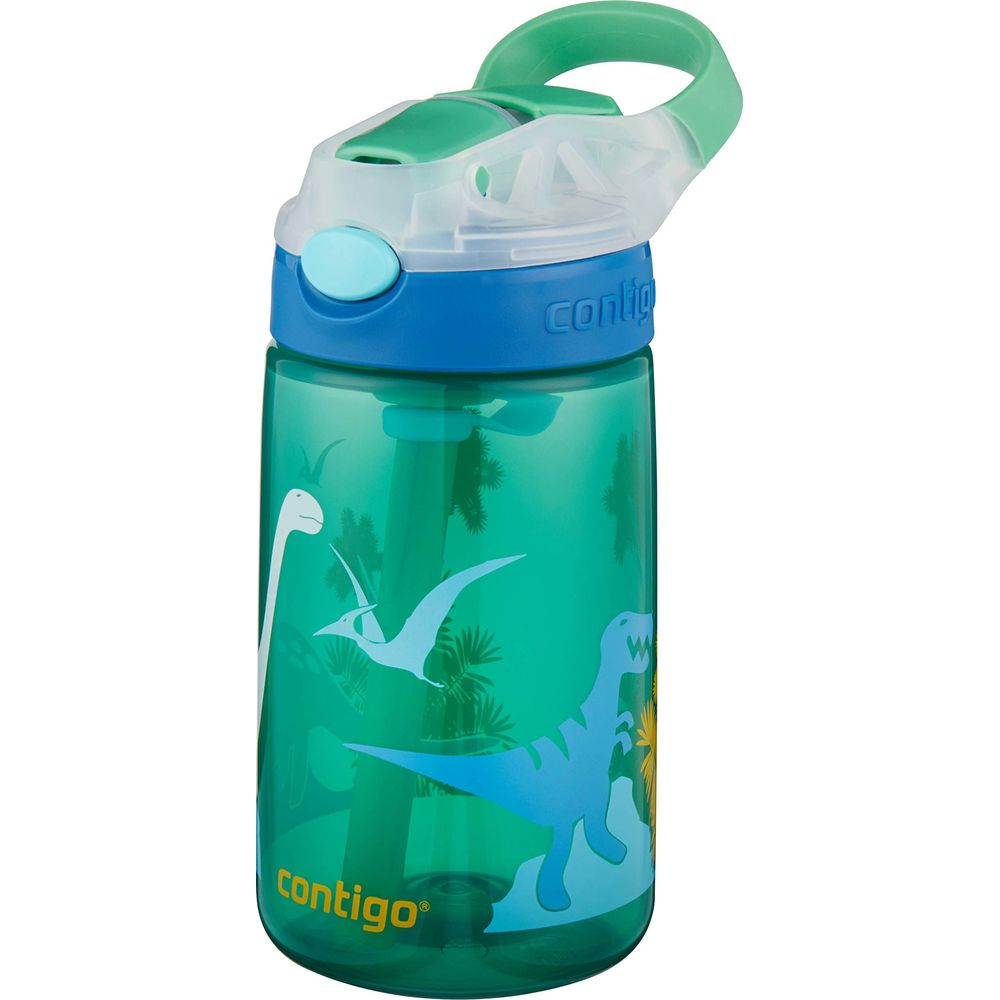 Grüne Contigo-Wasserflasche mit blauem Deckel. Mit Dinosaurier-Grafiken und Tragegriff.