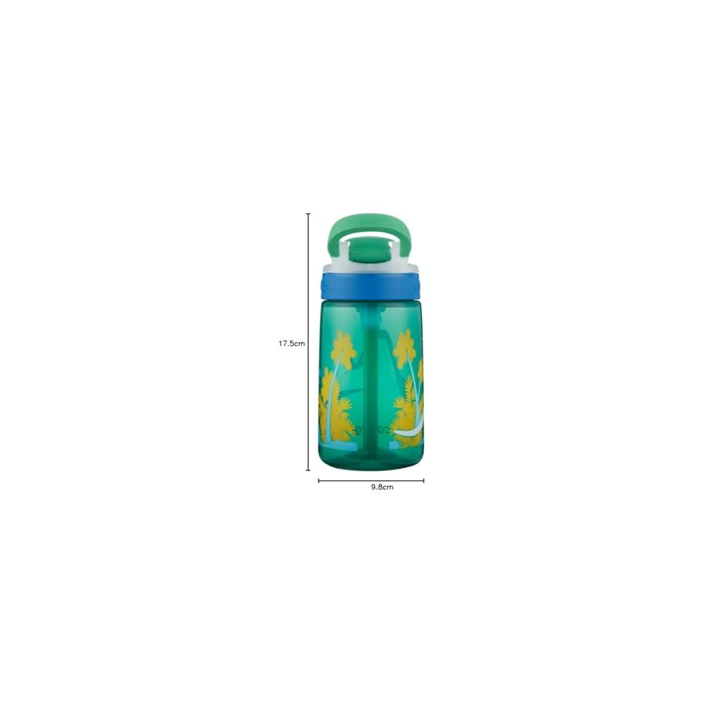 Grüne Trinkflasche mit blauem Deckel und Strohhalm, Palmenmuster.