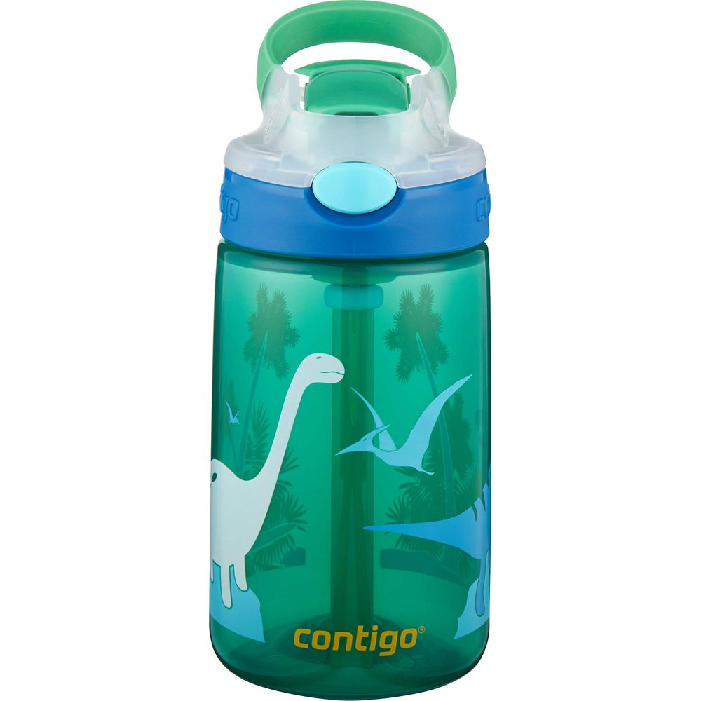 Grüne Contigo-Trinkflasche mit Dinosaurier-Motiv und Palmen.