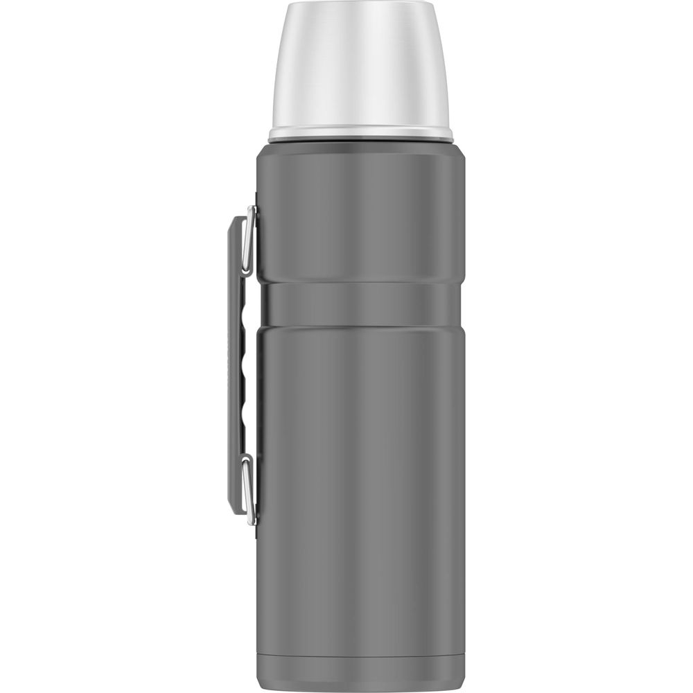 Grauer Thermoskanne mit silbernem Verschluss und Griff.