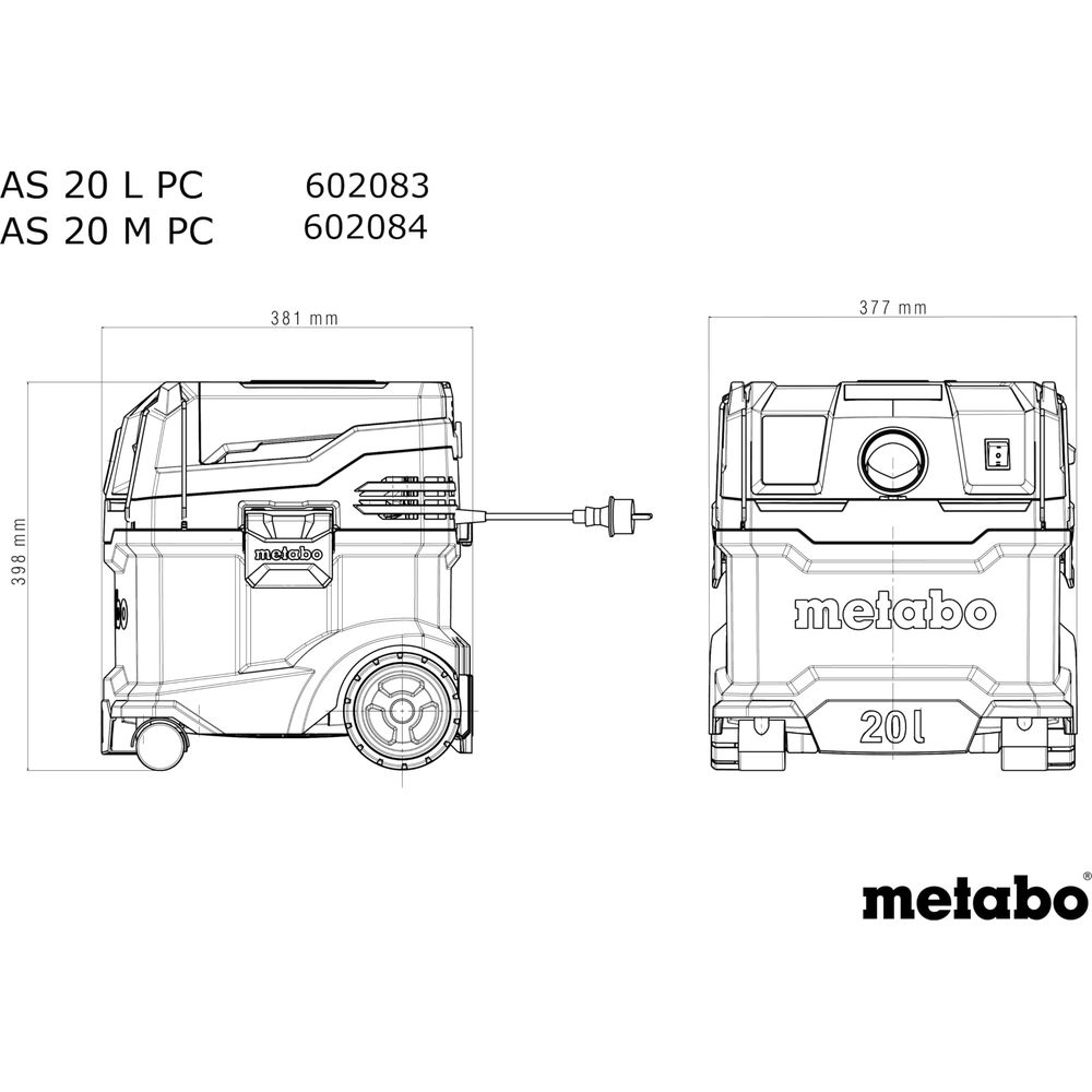 Disegno tecnico di un aspirapolvere Metabo con dimensioni.