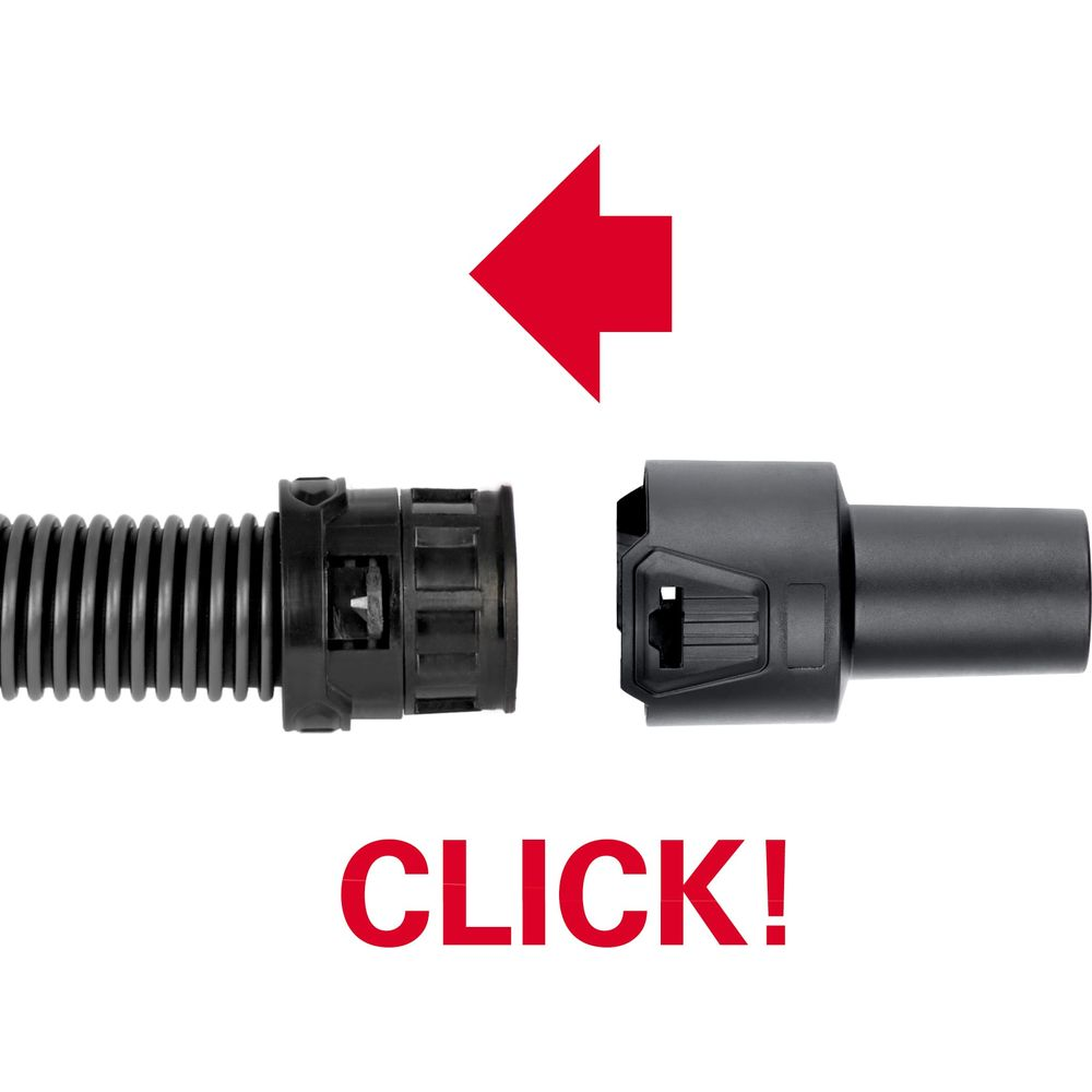 Adattatore per tubo nero in connessione. Freccia rossa a sinistra. Testo: CLICK!