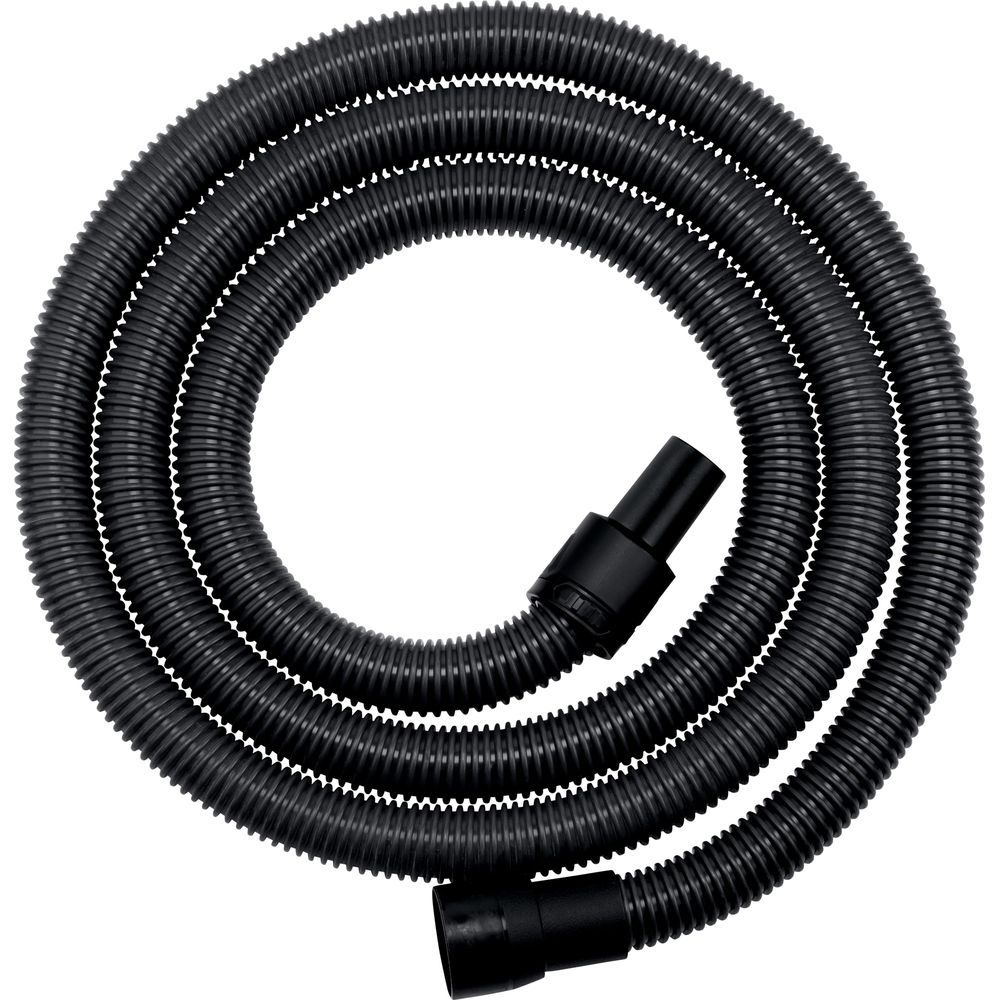 Tubo flessibile nero con due connettori, arrotolato.