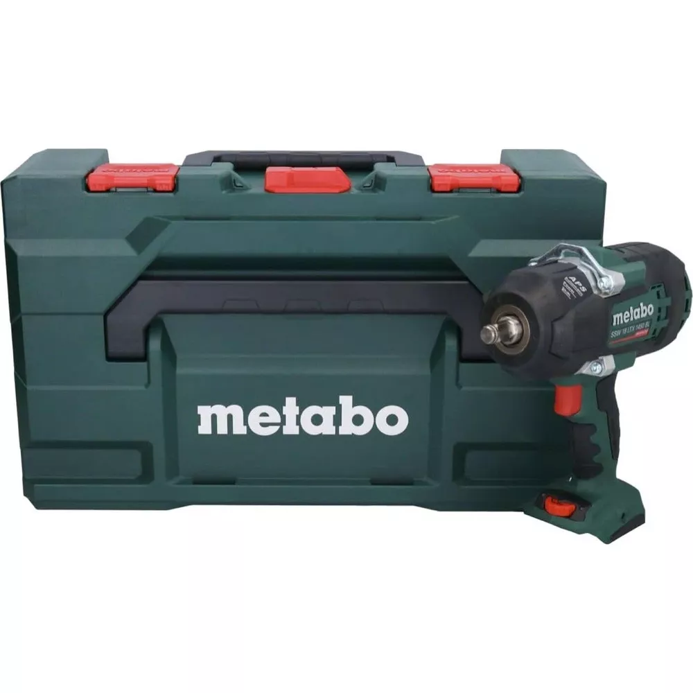 Zielona walizka Metabo z czarnym uchwytem i czerwonymi zatrzaskami. Po prawej stronie klucz udarowy.