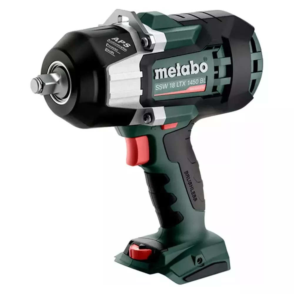 Zielono-czarny klucz udarowy Metabo z czerwonym spustem.