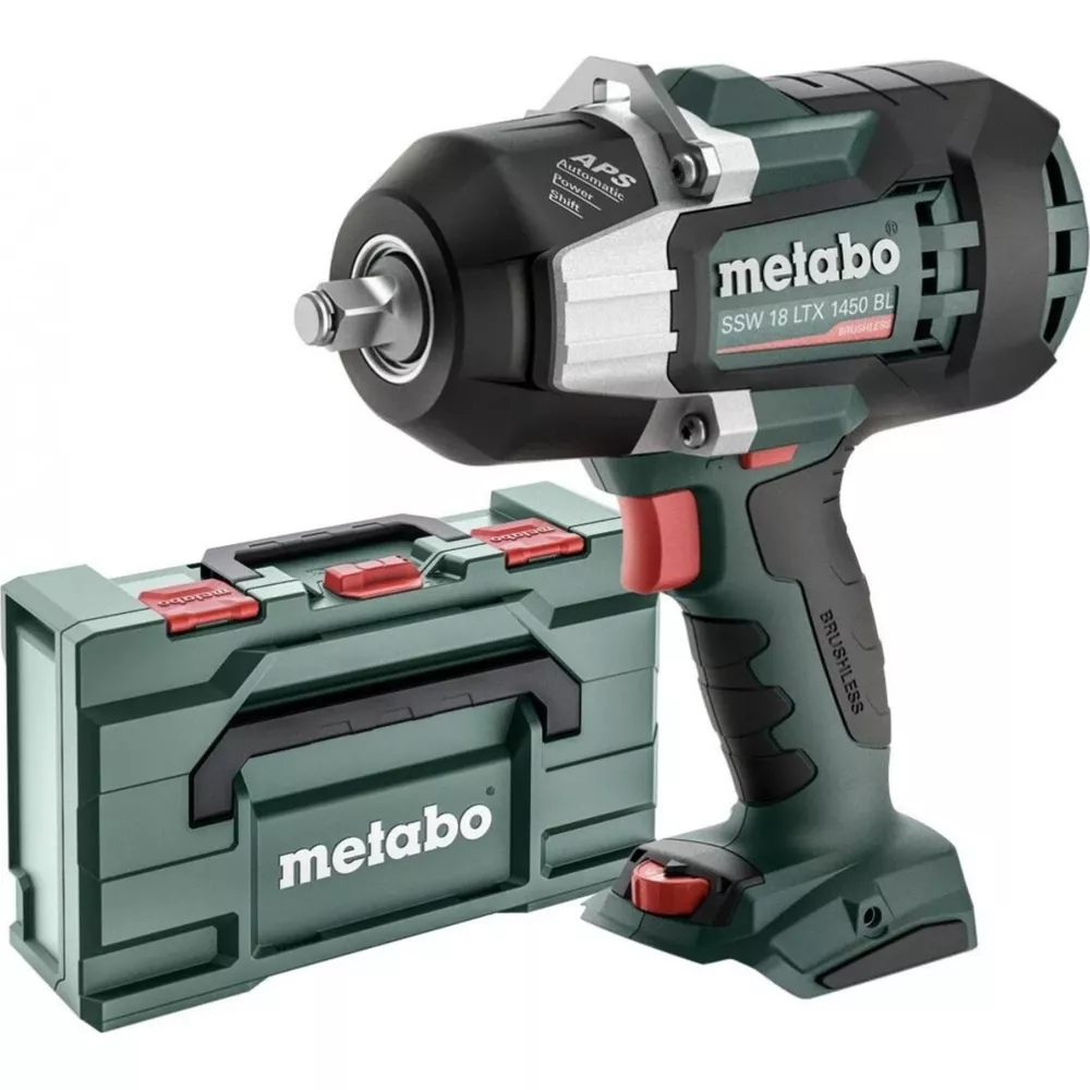 Zielona skrzynka narzędziowa Metabo i akumulatorowa klucz udarowy.