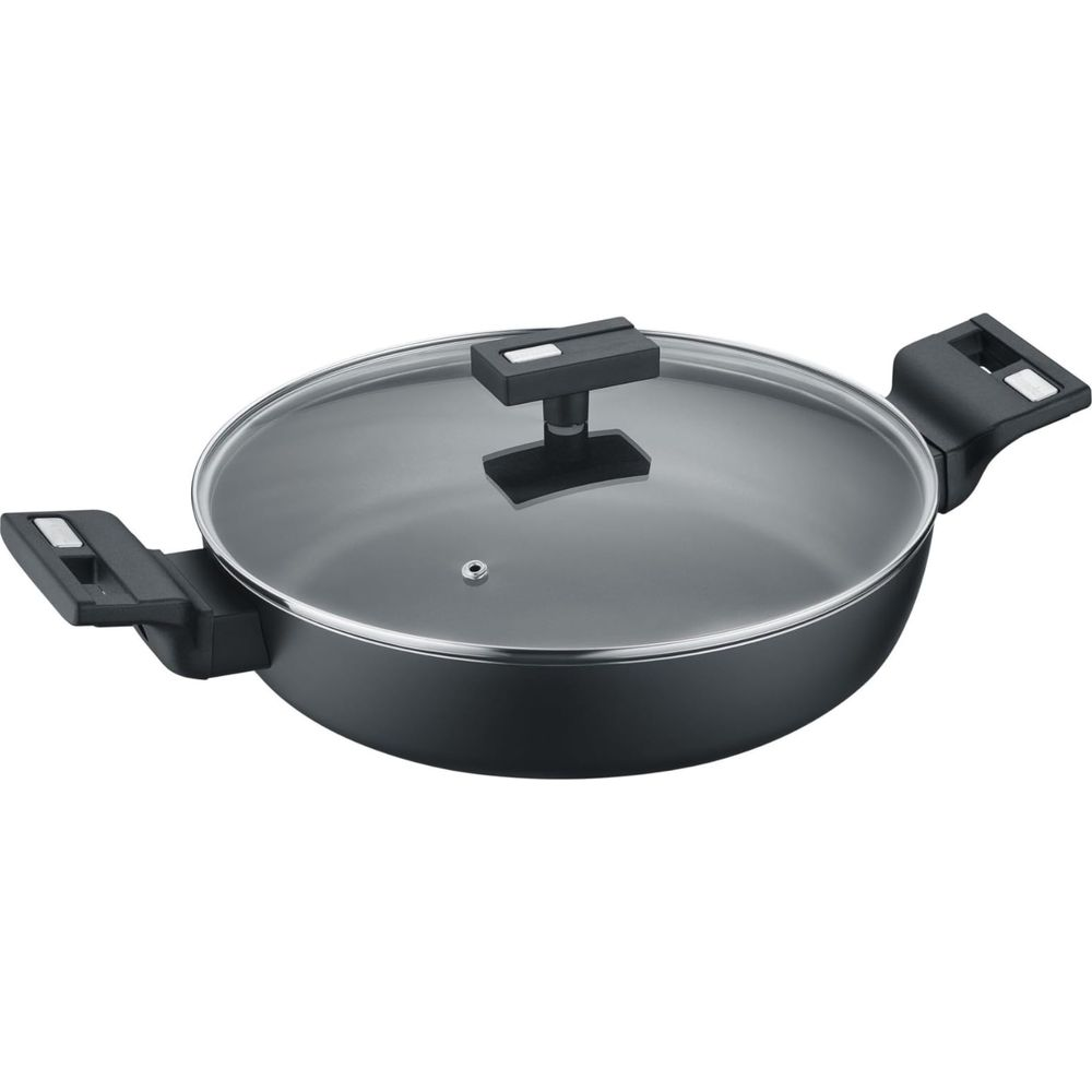 Schwarze Bratpfanne mit Glasdeckel und zwei schwarzen Griffen.