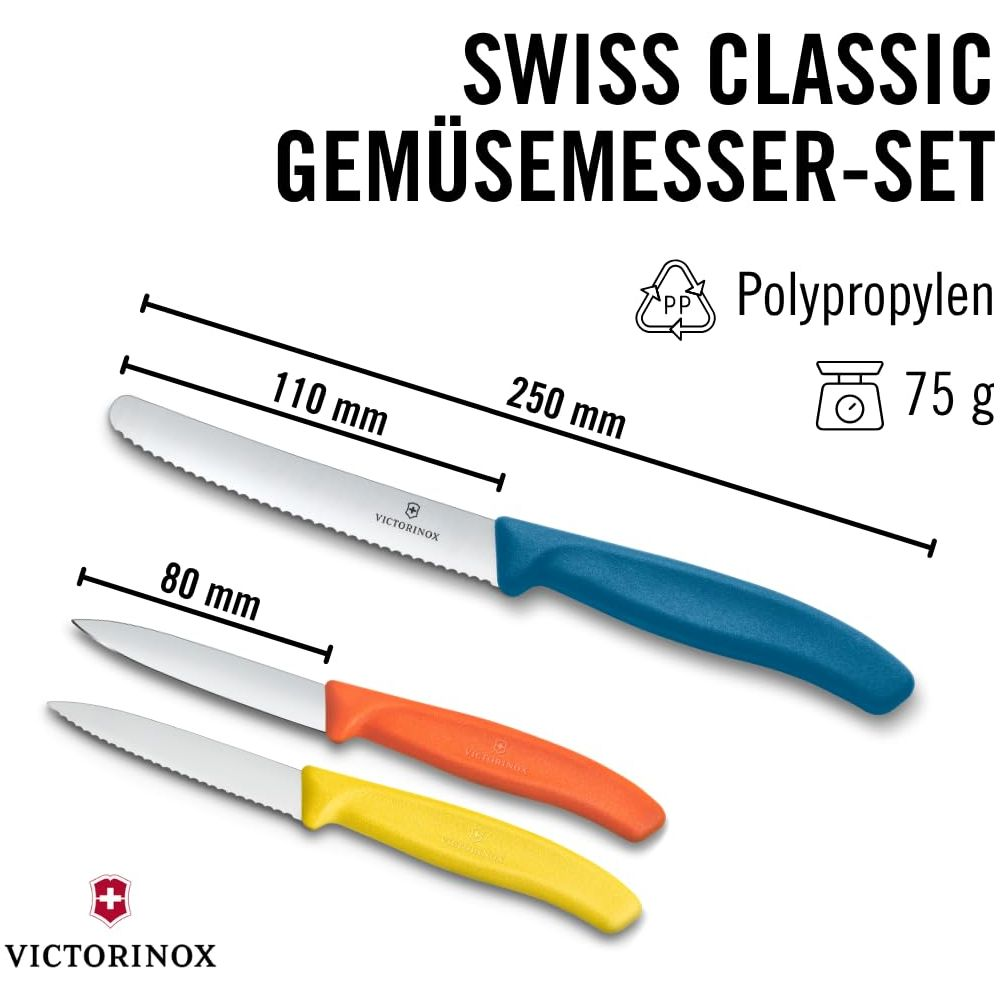 Set de couteaux à légumes Victorinox : couteaux bleu, orange et jaune. Dimensions.