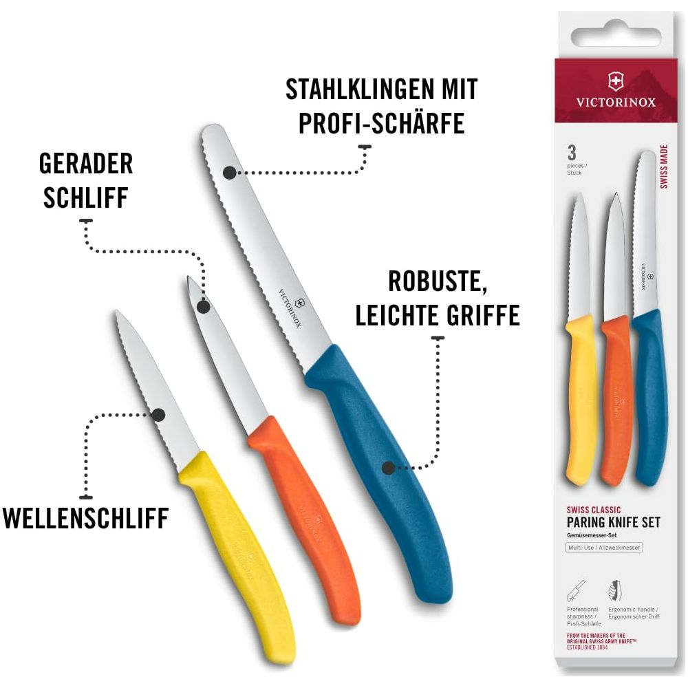 Trois couteaux d'office Victorinox à lames en acier et manches colorés jaune, orange et bleu.