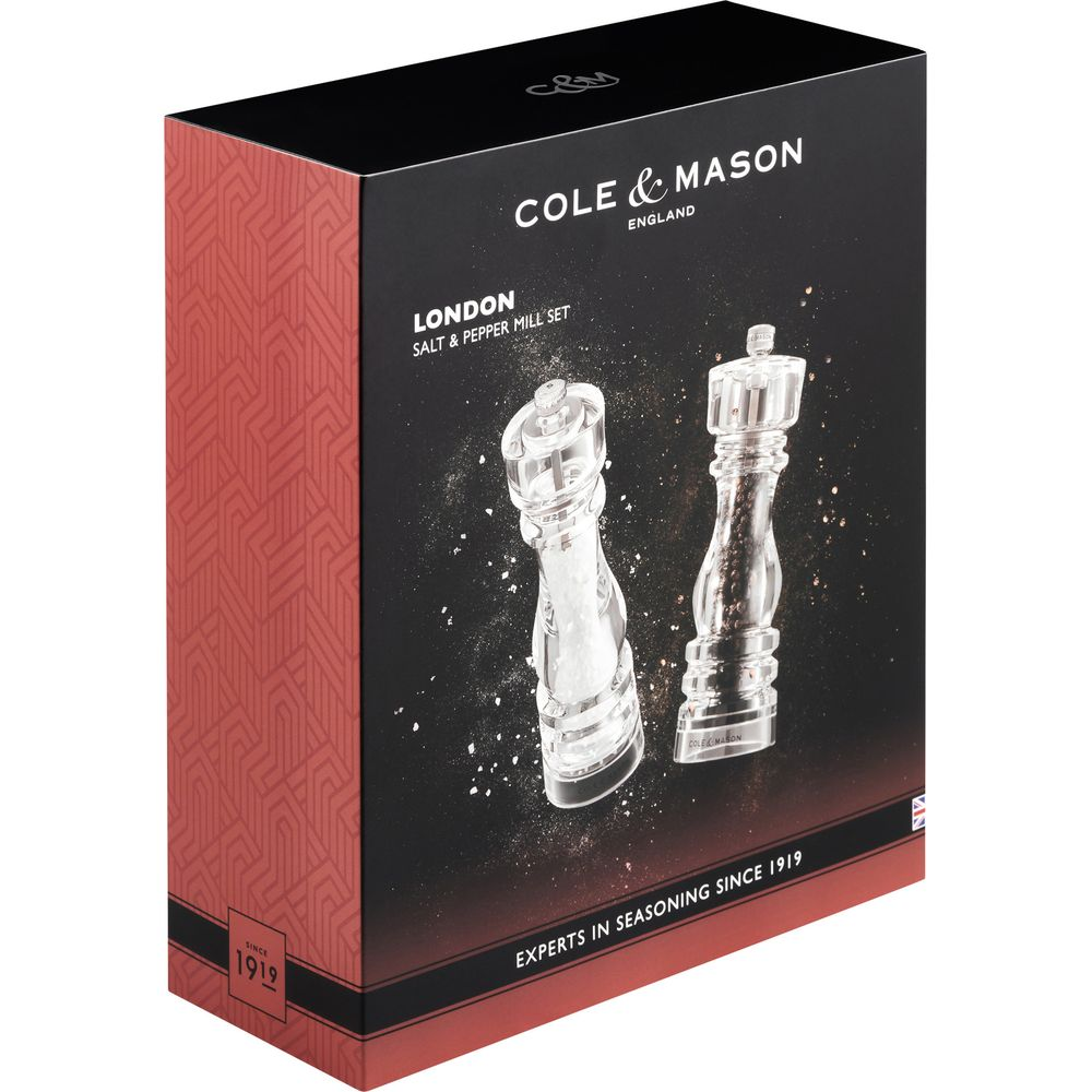Verpackung für ein Salz- und Pfeffermühlen-Set von Cole & Mason.